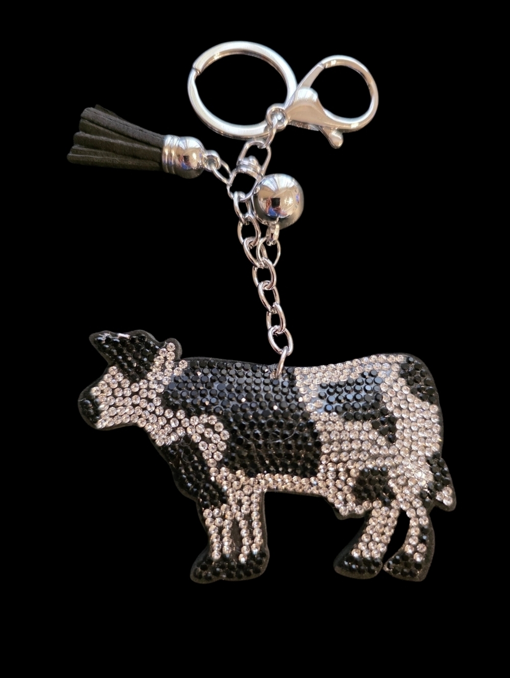 Rhinestone Cow Bag Charm Keychain Charm - Black & Silver